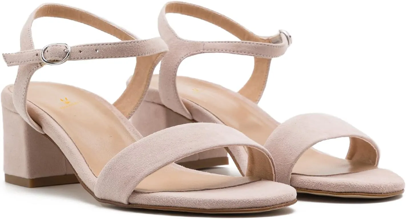 MOOMMO Women Low Chunky Heels Sandals Ankle Strap Suede Sandal Heels Round Open Toe 2 Inch Block Heels One Band Dress Heeled Sandals Buckle Metallic Two-Tone Summer Shoes Comfort Casual 4-13 M US