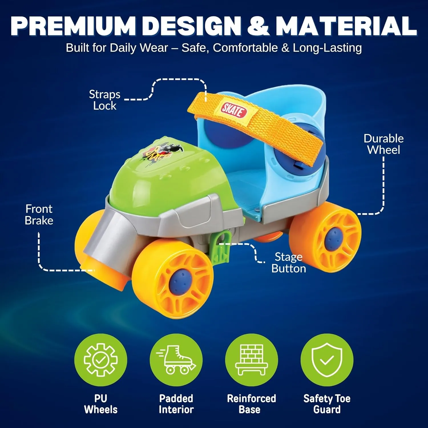 My First Skates - Adjustable Easy Training Inline Roller Skate, Quad-Style 4-Wheel Skates for Beginners, Kids, Toddlers, and Children