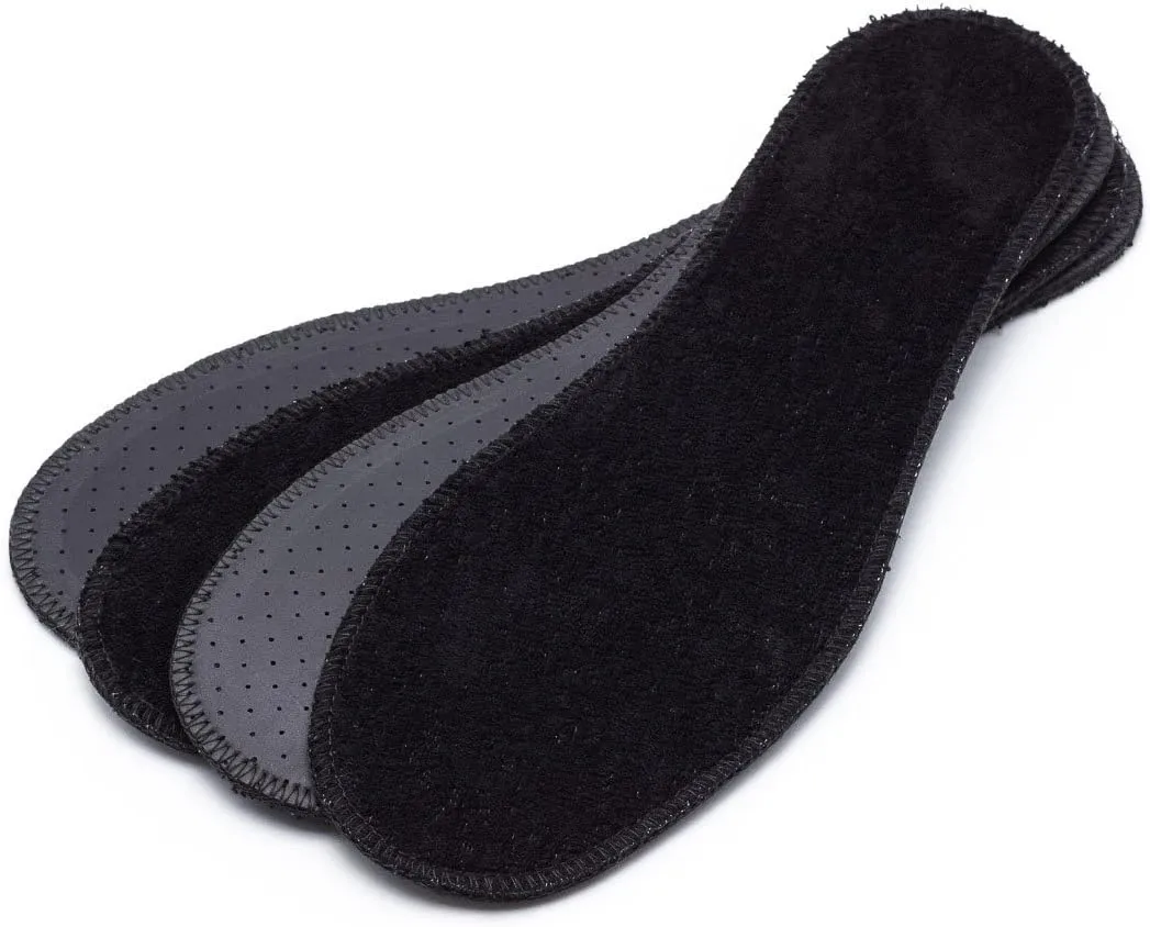 Natural Summer Black Terry Cloth Insoles, Soft, Flexible, Fresh Barefoot Terry Cotton Shoe Insoles (2 Pairs, 9 Women US)