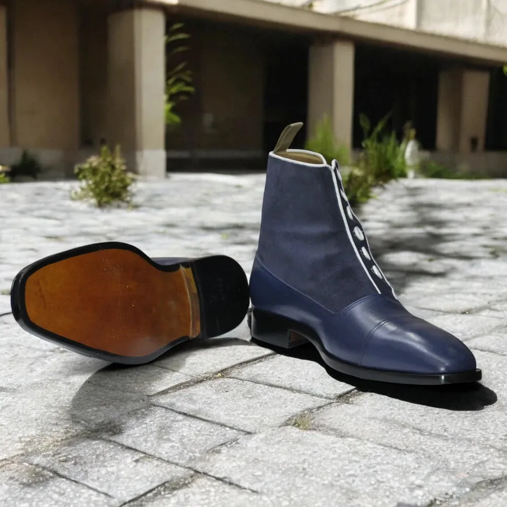 Navy Handmade Leather Button Boots – Stylish & Durable Men's Footwear