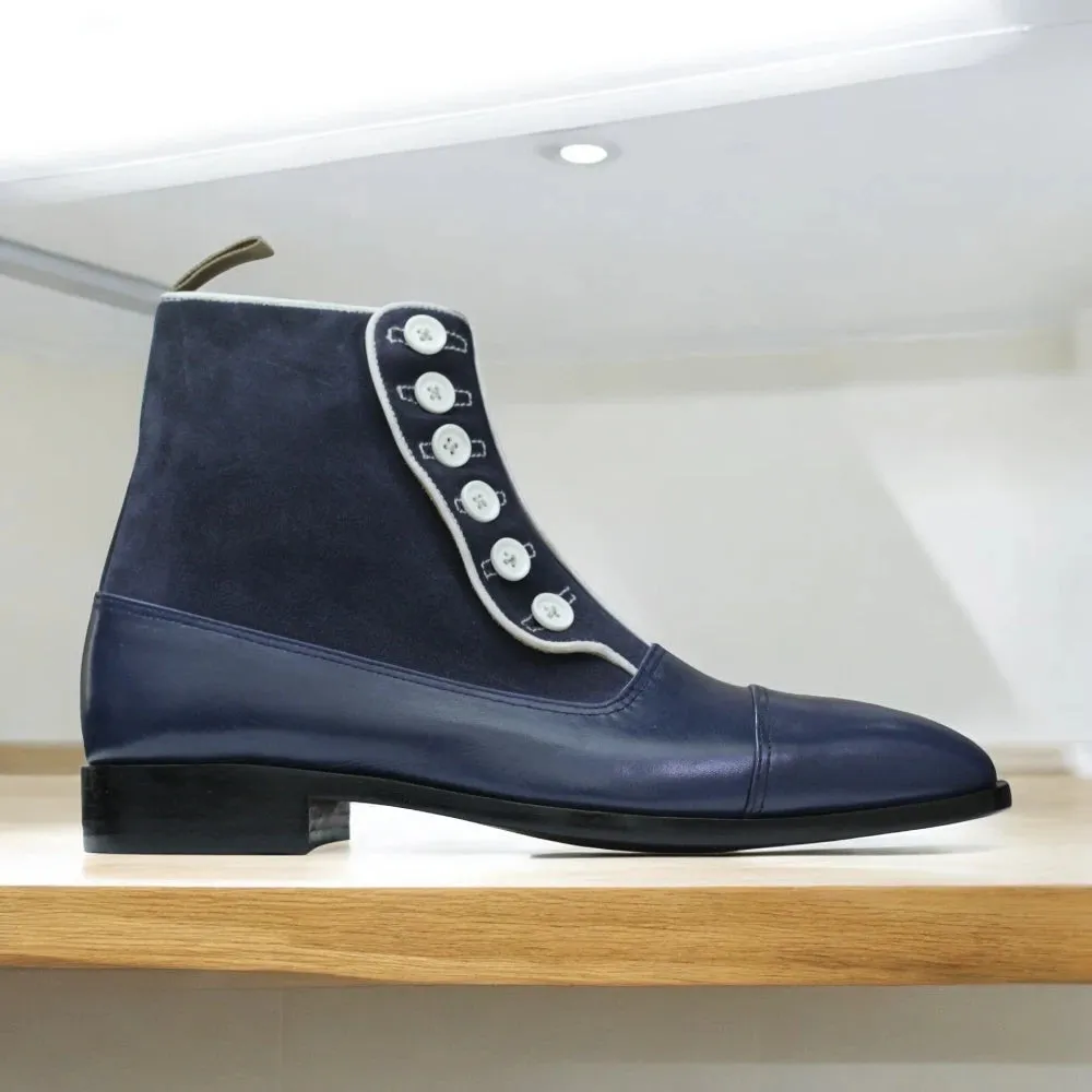 Navy Handmade Leather Button Boots – Stylish & Durable Men's Footwear