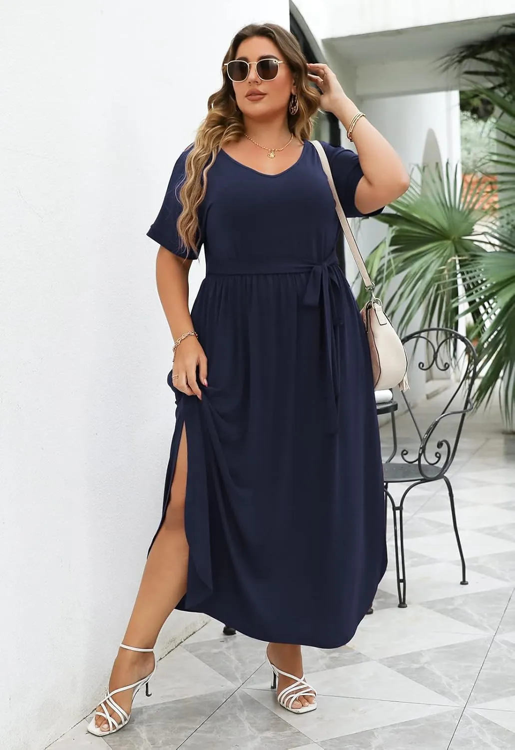 Nemidor Womens Casual Plus Size Tie Waist Slit Long Maxi Dress with Pockets NEM313