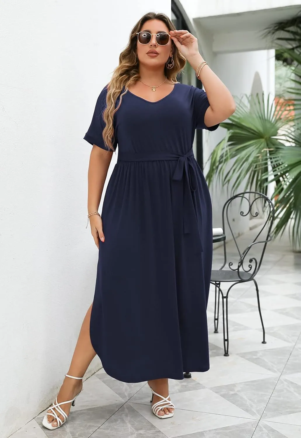 Nemidor Womens Casual Plus Size Tie Waist Slit Long Maxi Dress with Pockets NEM313