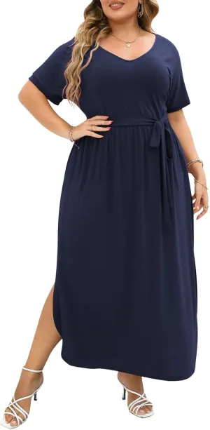 Nemidor Womens Casual Plus Size Tie Waist Slit Long Maxi Dress with Pockets NEM313