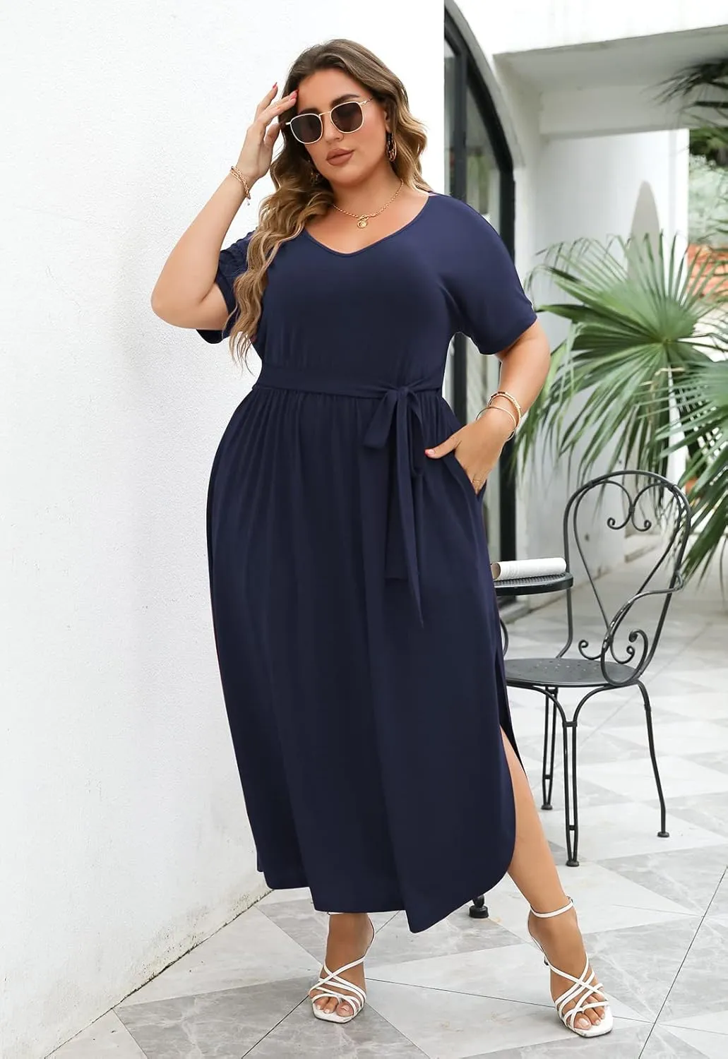 Nemidor Womens Casual Plus Size Tie Waist Slit Long Maxi Dress with Pockets NEM313