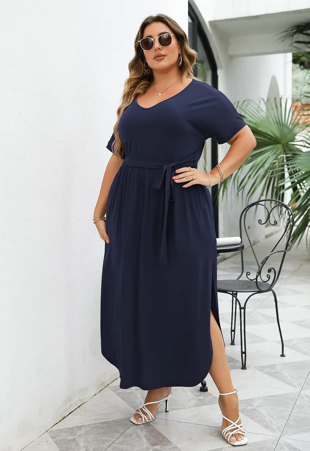 Nemidor Womens Casual Plus Size Tie Waist Slit Long Maxi Dress with Pockets NEM313