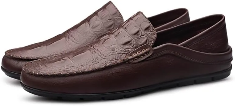 New Men's Loafers Round Toe PU Leather Crocodile Print Loafer Shoes Flat Heel Slip Resistant Flexible Prom Slip-on