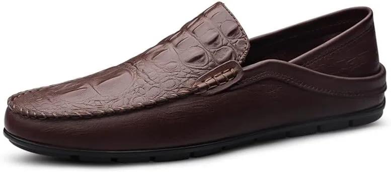 New Men's Loafers Round Toe PU Leather Crocodile Print Loafer Shoes Flat Heel Slip Resistant Flexible Prom Slip-on