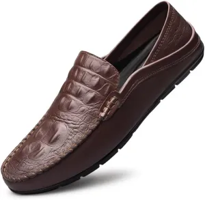 New Men's Loafers Round Toe PU Leather Crocodile Print Loafer Shoes Flat Heel Slip Resistant Flexible Prom Slip-on