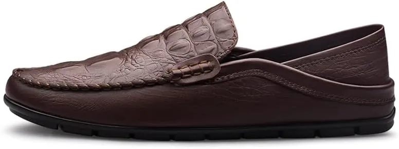 New Men's Loafers Round Toe PU Leather Crocodile Print Loafer Shoes Flat Heel Slip Resistant Flexible Prom Slip-on