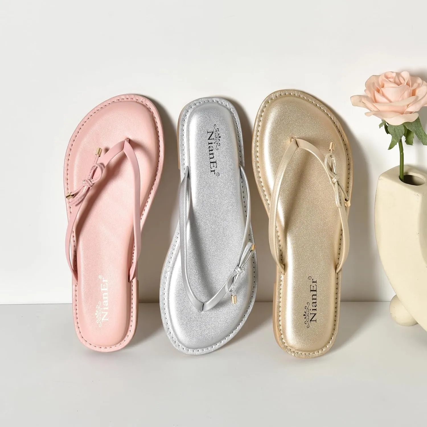 NianEr Womens Microfiber Leather Comfort Foam Bow Dress Thong Sandals Summer Fashion Flat Slip On Slides Flip Flops