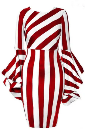 Nuofengkudu Women's Plus Size Costume Elegant Dresses Striped Crew Neck Ruffles Long Sleeve Bodycon Midi Church Dress