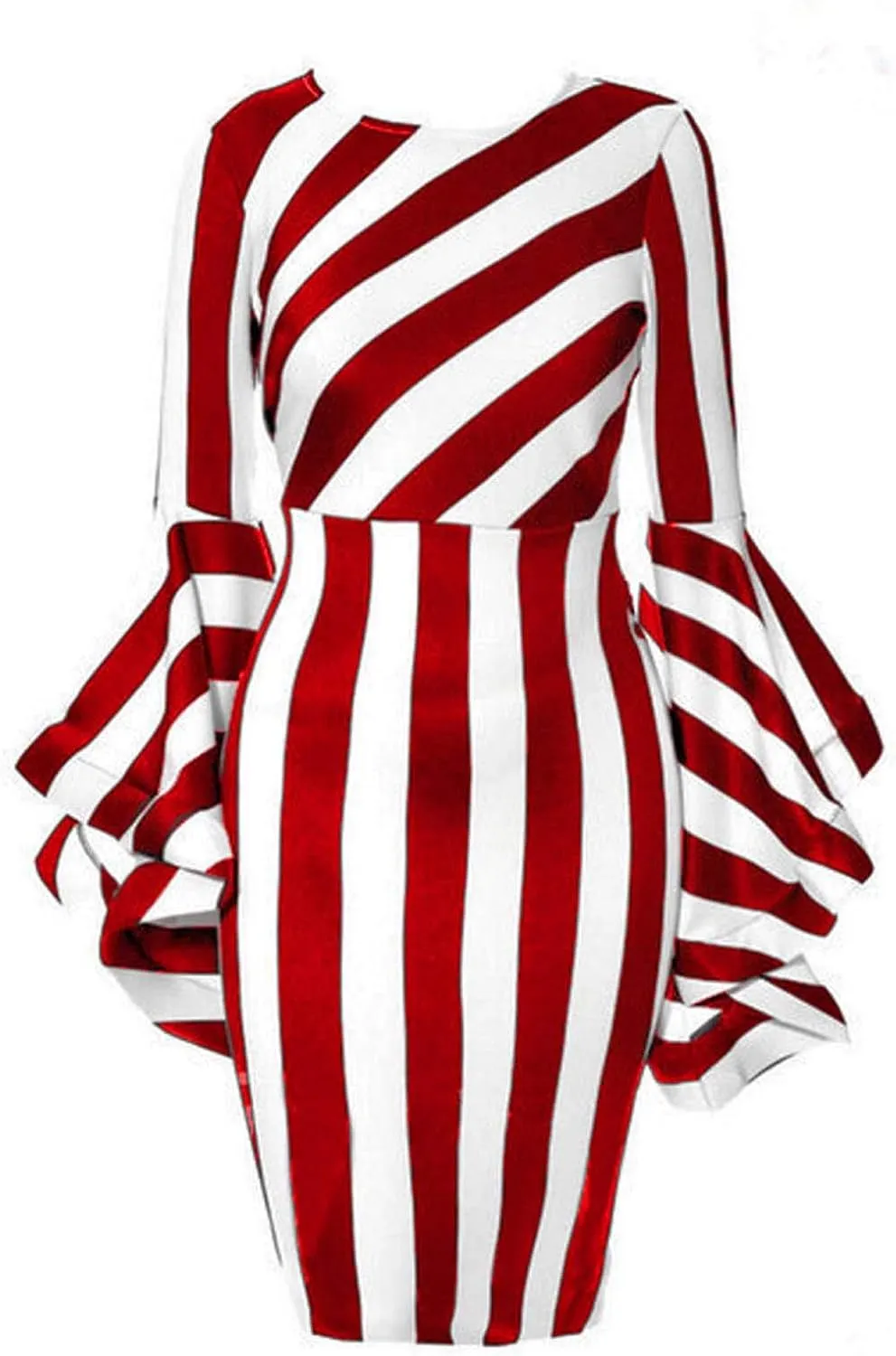 Nuofengkudu Women's Plus Size Costume Elegant Dresses Striped Crew Neck Ruffles Long Sleeve Bodycon Midi Church Dress