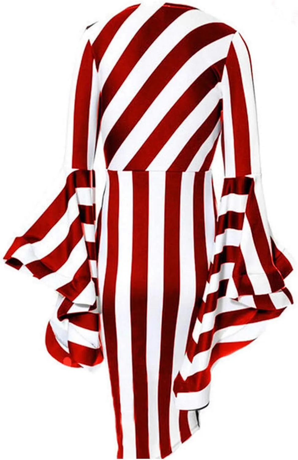 Nuofengkudu Women's Plus Size Costume Elegant Dresses Striped Crew Neck Ruffles Long Sleeve Bodycon Midi Church Dress