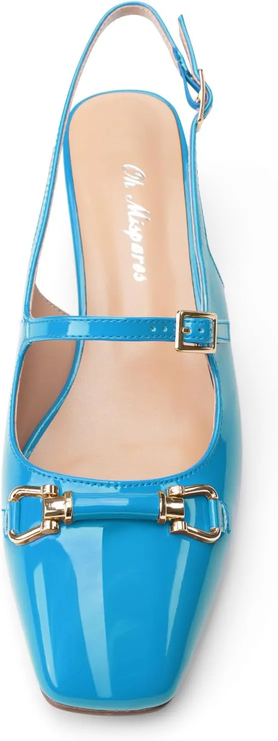 Oh Mispares Slingbacks Block Heels for Women Square Toe Low Heels Adjustable Buckle Strap Slip on Fashion Slingback Spring Summer Dress Pumps