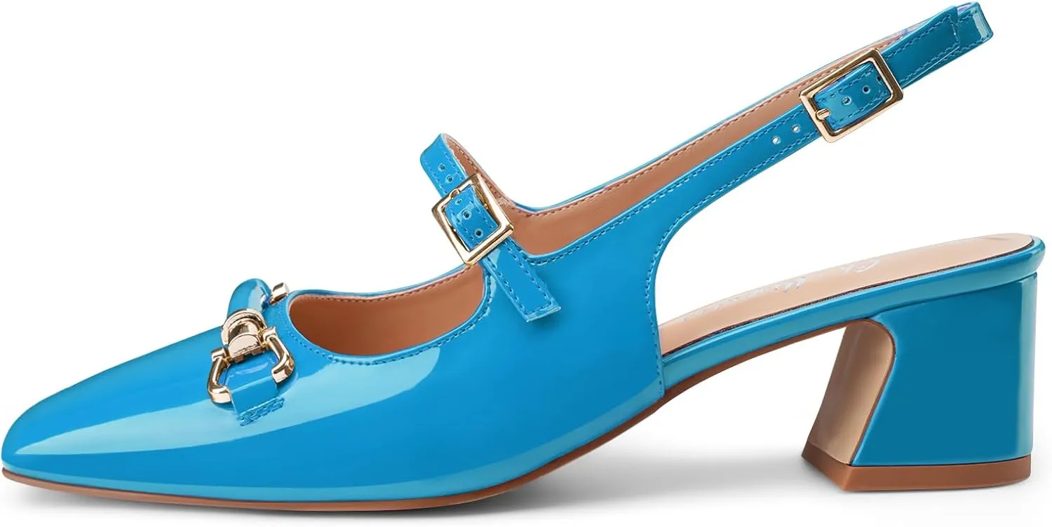Oh Mispares Slingbacks Block Heels for Women Square Toe Low Heels Adjustable Buckle Strap Slip on Fashion Slingback Spring Summer Dress Pumps