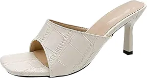 oiangi Womens Slip on Stiletto Sandals Summer Square Toe Fish Mouth Open Toe Thin Heel High Heels Slipper Solid Color Comfortable Casual Ladies Shoes