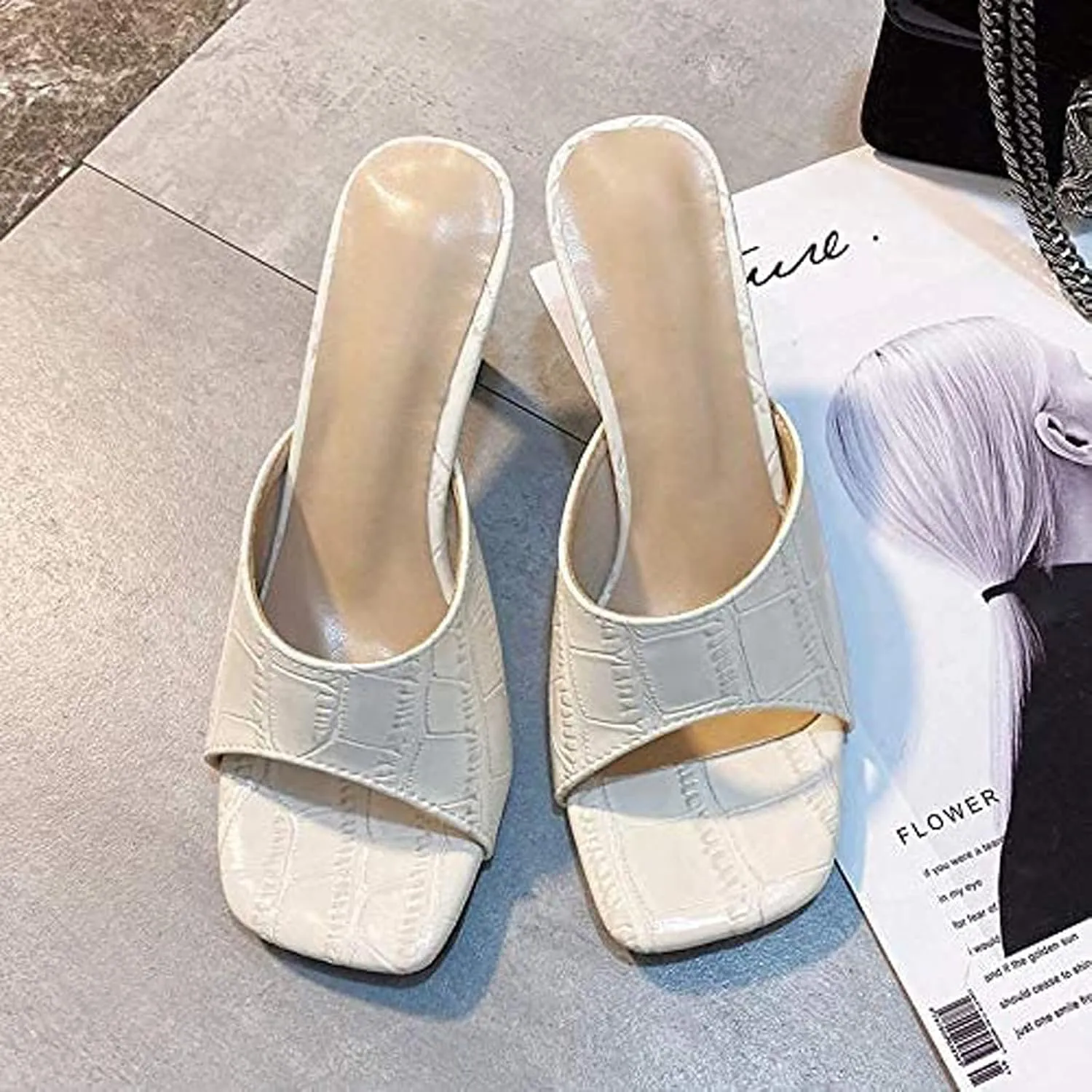 oiangi Womens Slip on Stiletto Sandals Summer Square Toe Fish Mouth Open Toe Thin Heel High Heels Slipper Solid Color Comfortable Casual Ladies Shoes