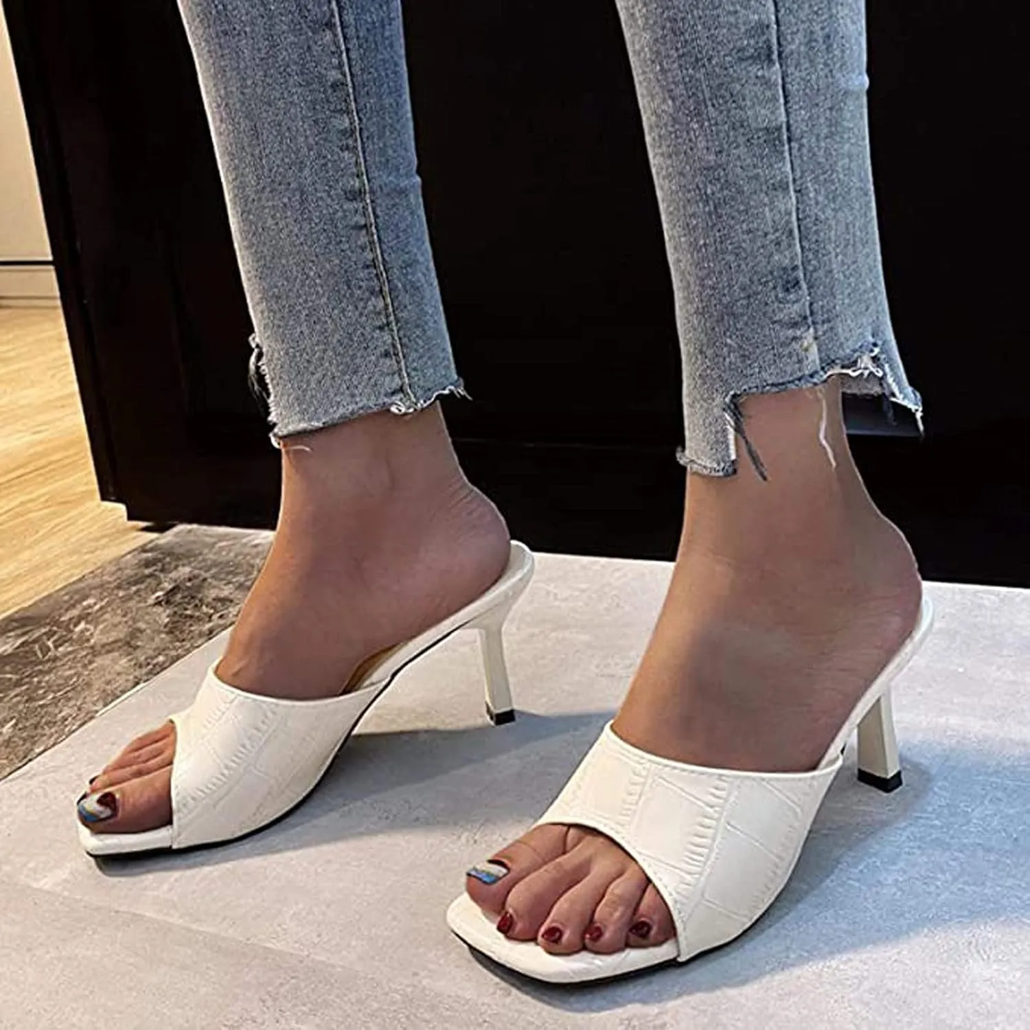 oiangi Womens Slip on Stiletto Sandals Summer Square Toe Fish Mouth Open Toe Thin Heel High Heels Slipper Solid Color Comfortable Casual Ladies Shoes