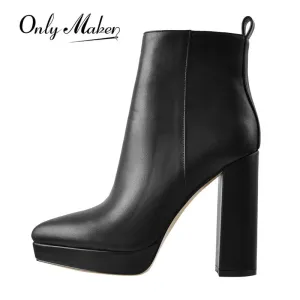 Onlymaker Chic Chunky Heel Ankle Boots in Black Flock