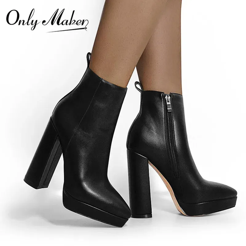 Onlymaker Chic Chunky Heel Ankle Boots in Black Flock