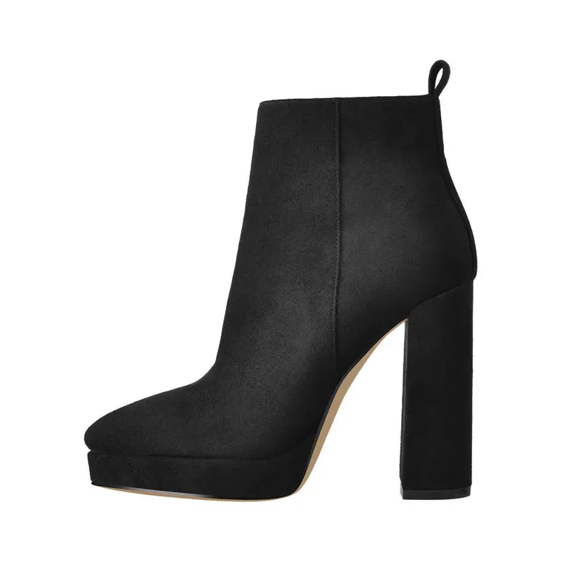 Onlymaker Chic Chunky Heel Ankle Boots in Black Flock