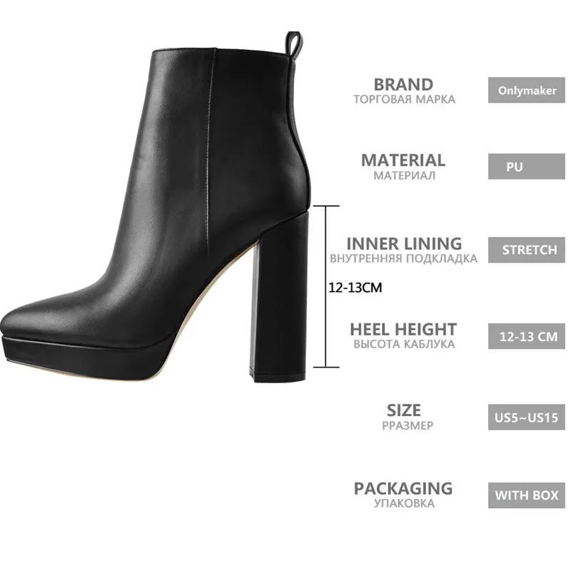 Onlymaker Chic Chunky Heel Ankle Boots in Black Flock
