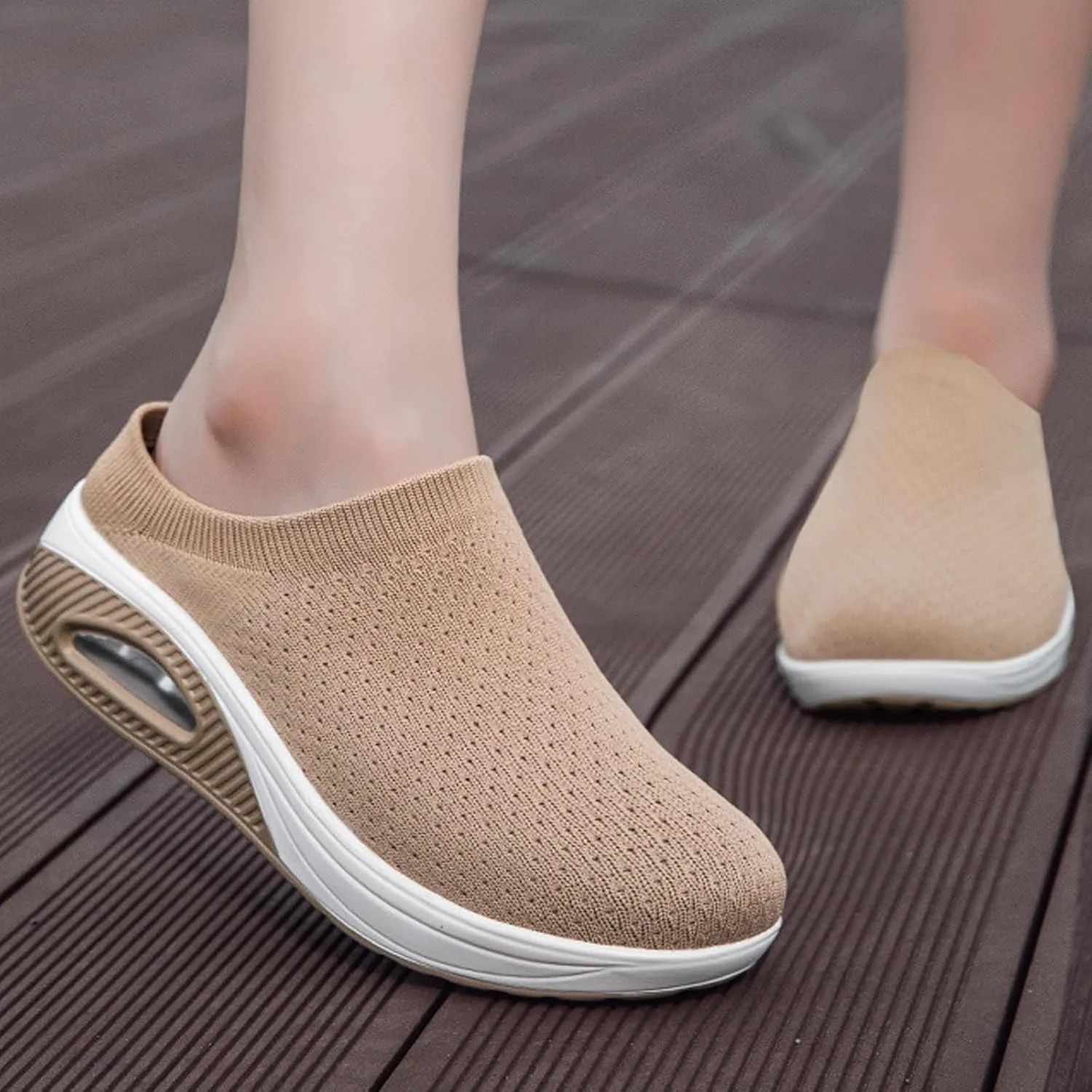 Orthopedic Mule Clogs for Women Stretch Knitted Platform Closed Round Toe Comfortable Breathable Air Cushion Walking Sliipers Open Back Wedge Heel Casual Mules Sneaker with Arch Support