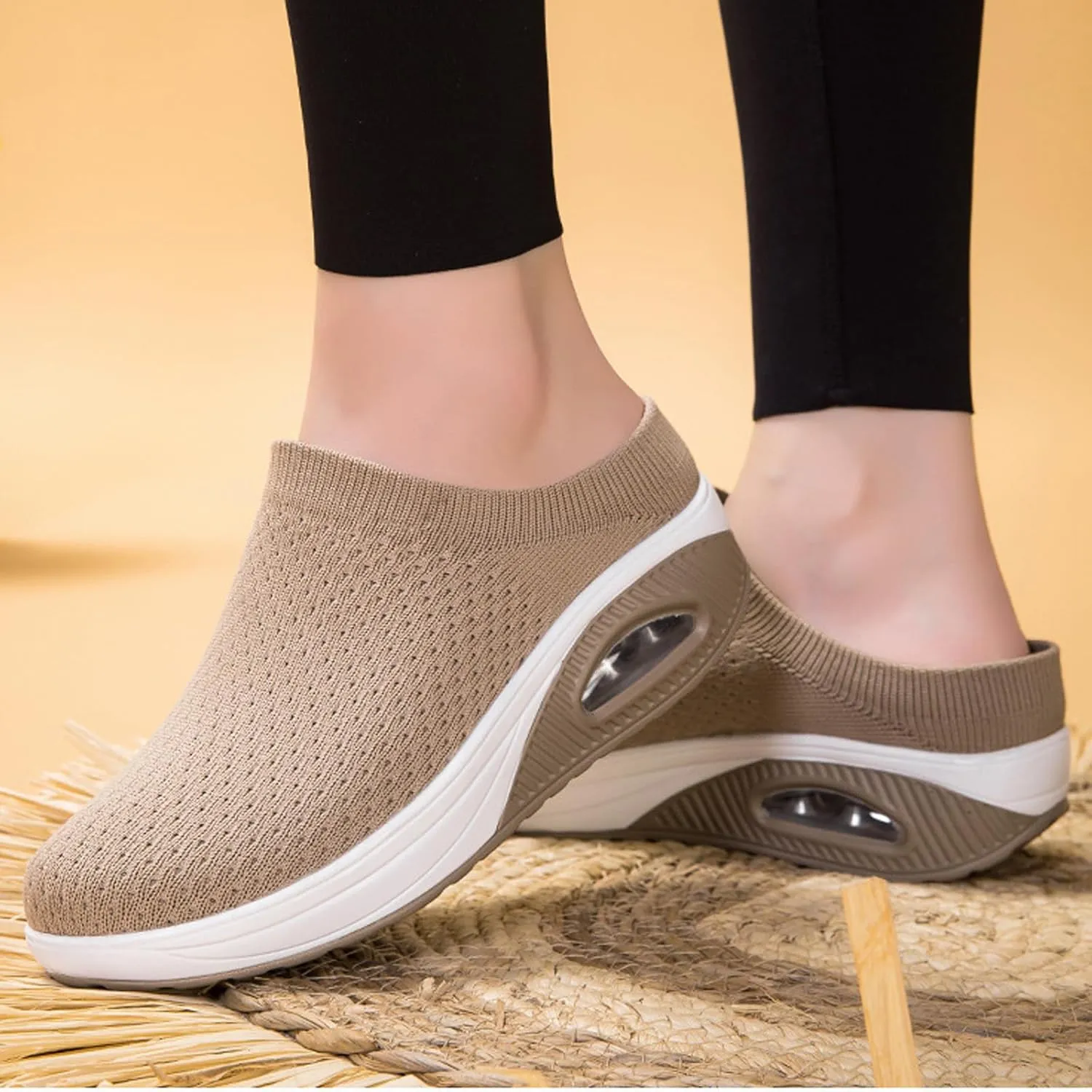 Orthopedic Mule Clogs for Women Stretch Knitted Platform Closed Round Toe Comfortable Breathable Air Cushion Walking Sliipers Open Back Wedge Heel Casual Mules Sneaker with Arch Support