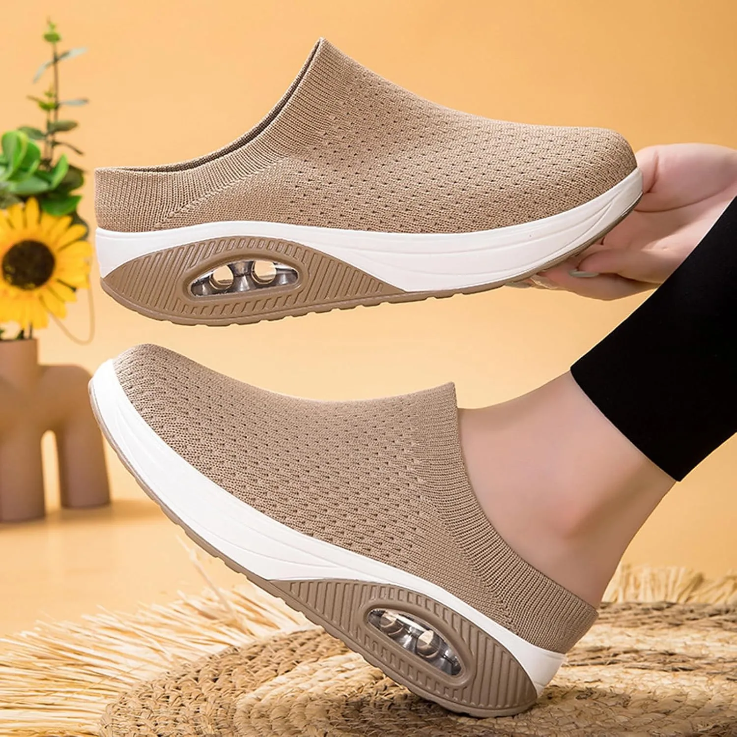 Orthopedic Mule Clogs for Women Stretch Knitted Platform Closed Round Toe Comfortable Breathable Air Cushion Walking Sliipers Open Back Wedge Heel Casual Mules Sneaker with Arch Support