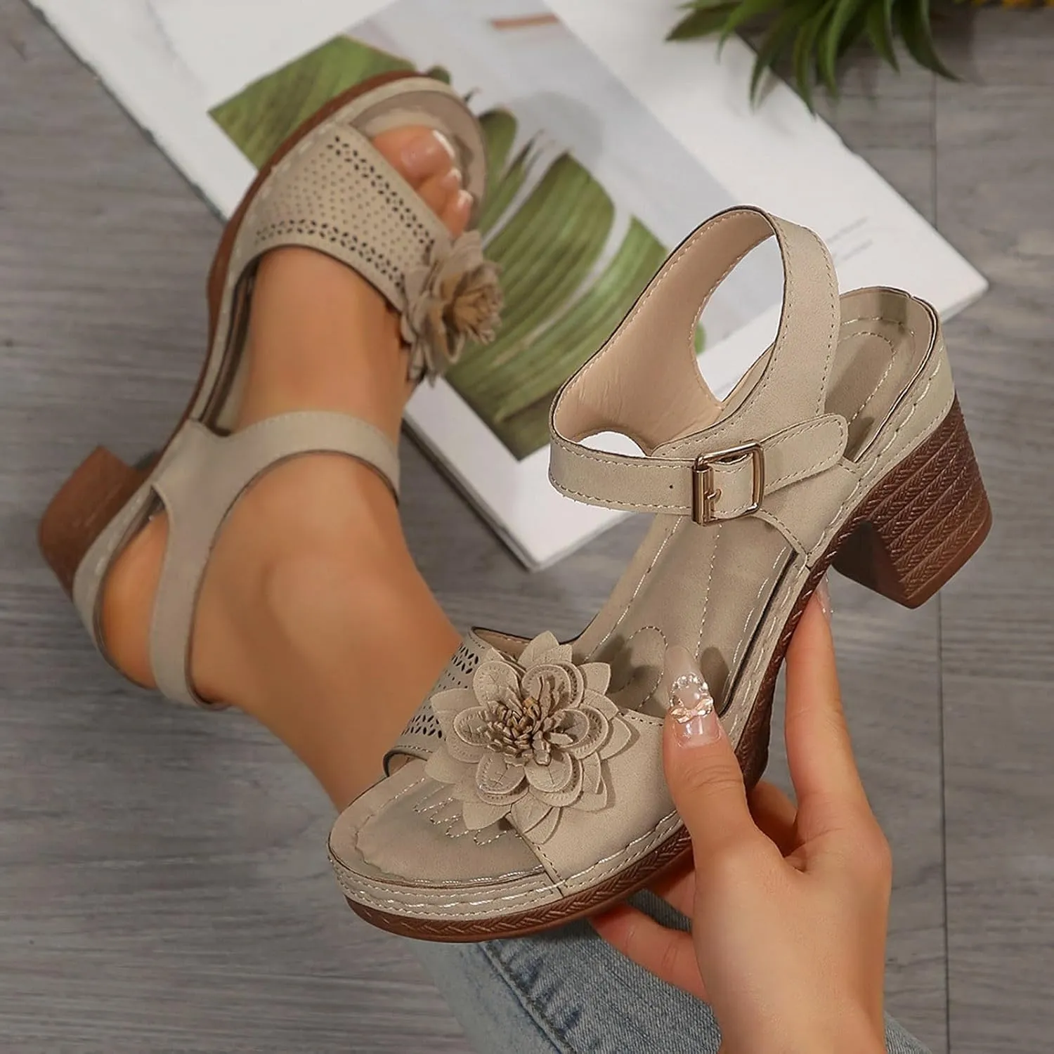 Orthopedic Wedge Sandals for Women Summer Beach Chunky Slip On Sandals Elegant Platform Casual Adjustable Ankle Strap Walking Shoes Open Toe Low Heel Slides Shoes with Flowers