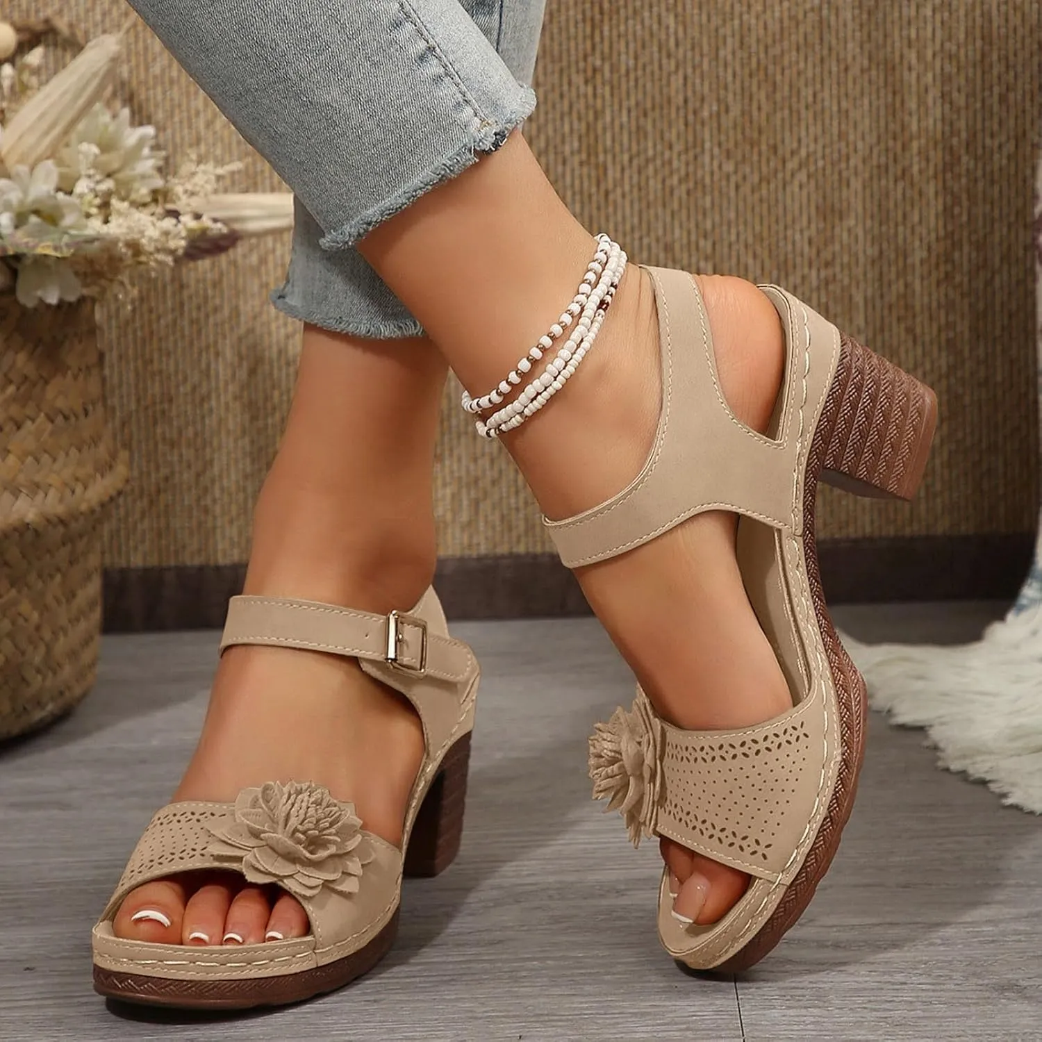 Orthopedic Wedge Sandals for Women Summer Beach Chunky Slip On Sandals Elegant Platform Casual Adjustable Ankle Strap Walking Shoes Open Toe Low Heel Slides Shoes with Flowers