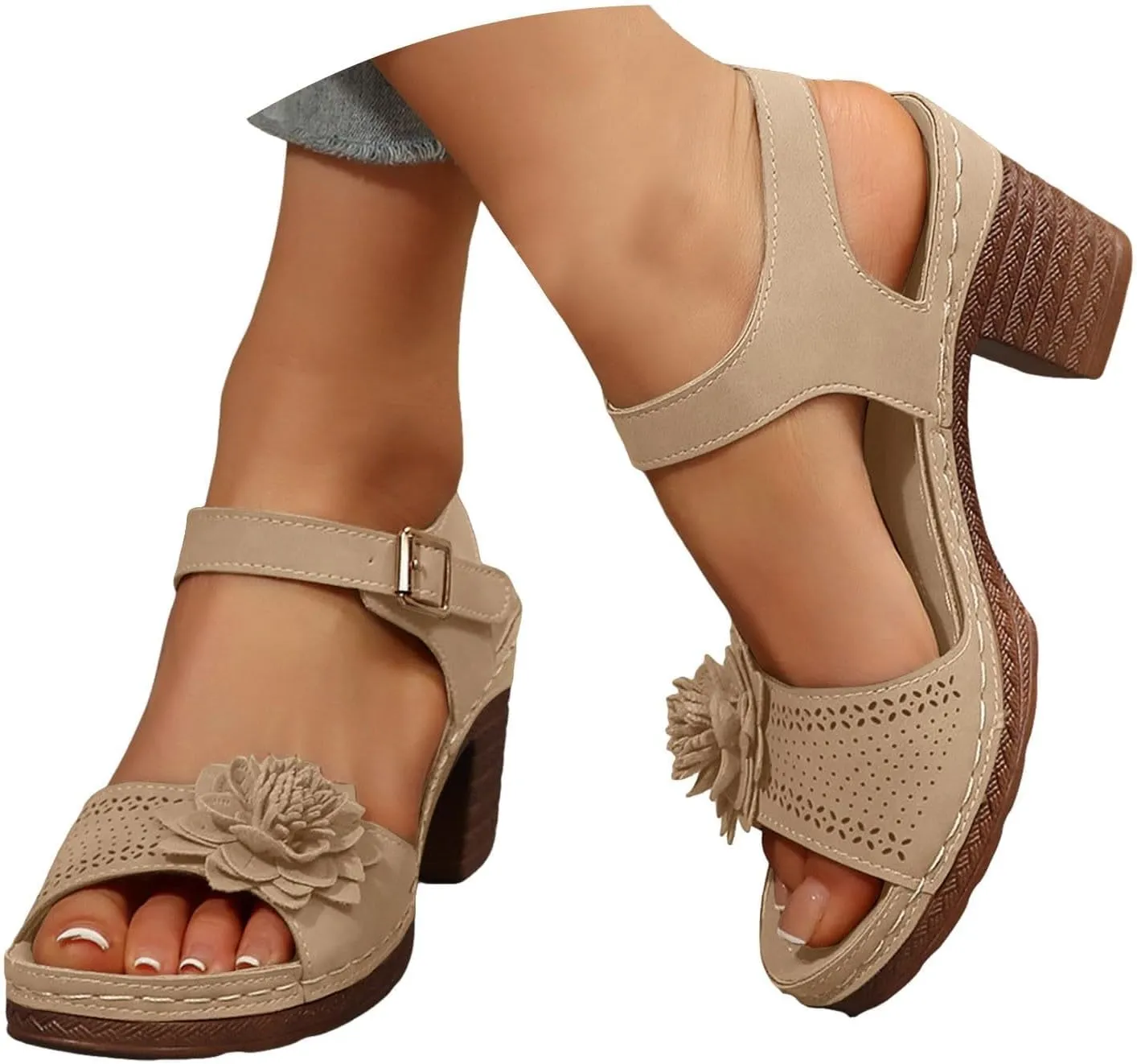 Orthopedic Wedge Sandals for Women Summer Beach Chunky Slip On Sandals Elegant Platform Casual Adjustable Ankle Strap Walking Shoes Open Toe Low Heel Slides Shoes with Flowers
