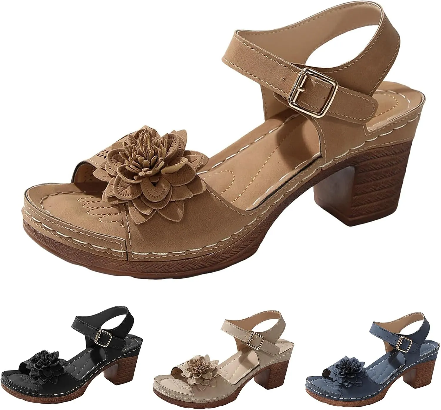 Orthopedic Wedge Sandals for Women Summer Beach Chunky Slip On Sandals Elegant Platform Casual Adjustable Ankle Strap Walking Shoes Open Toe Low Heel Slides Shoes with Flowers