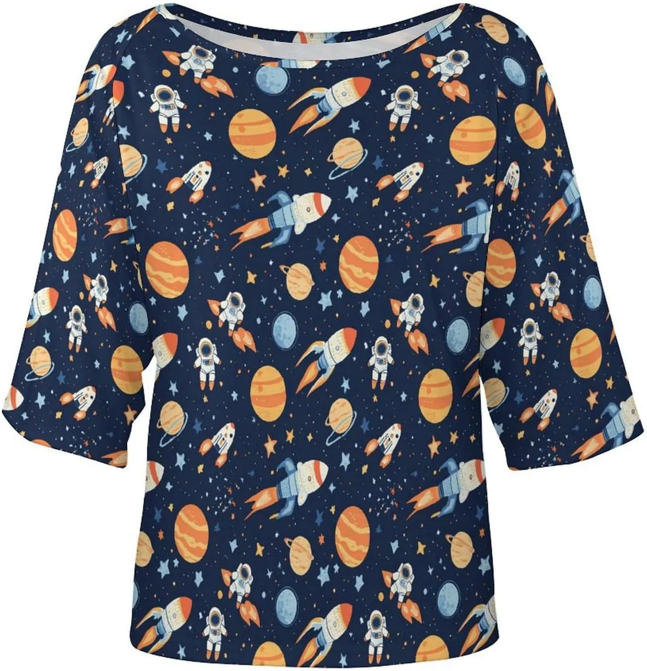Outer-Space Astronaut Rocket Women's Off Shoulder Tops Printed T Shirt Loose Blouse Shirt