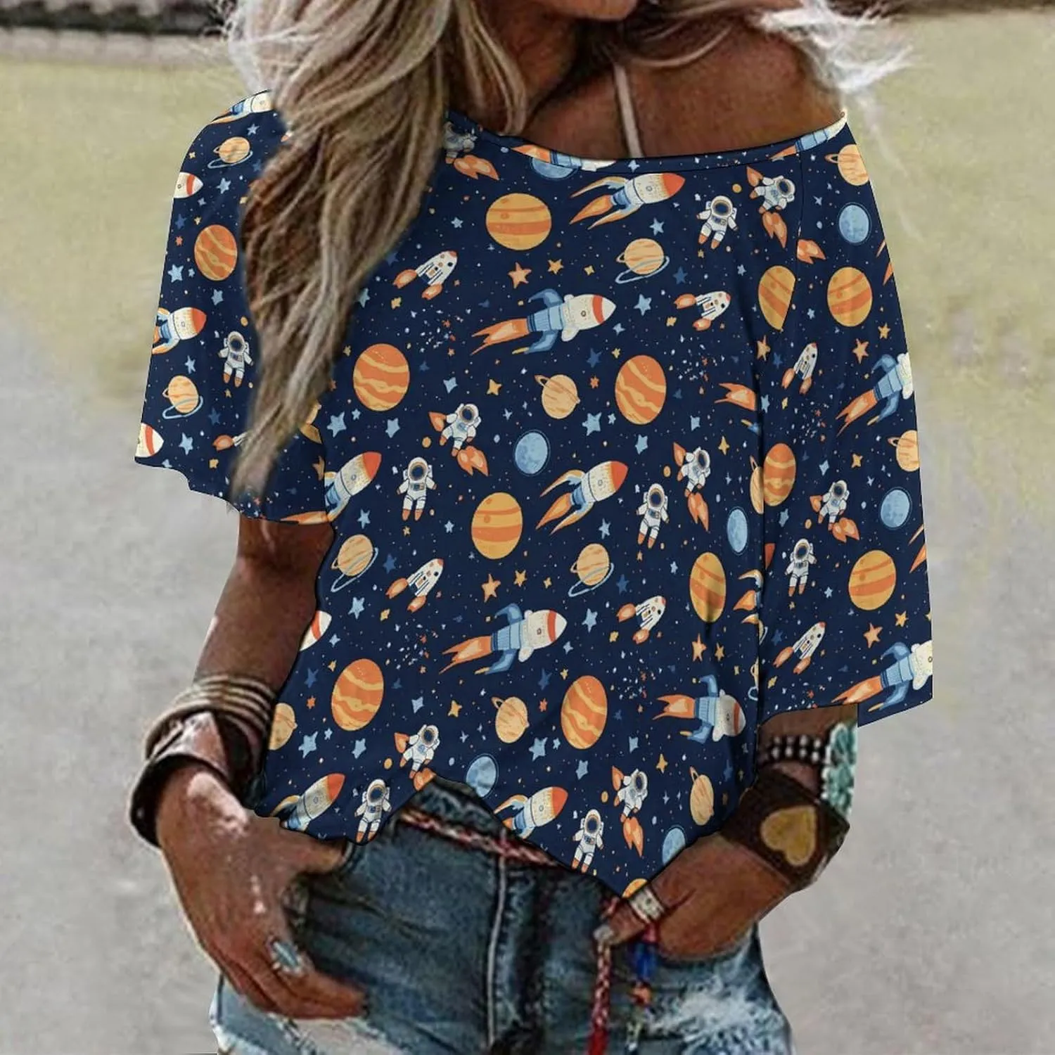 Outer-Space Astronaut Rocket Women's Off Shoulder Tops Printed T Shirt Loose Blouse Shirt