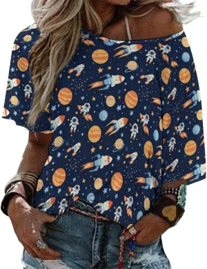 Outer-Space Astronaut Rocket Women's Off Shoulder Tops Printed T Shirt Loose Blouse Shirt