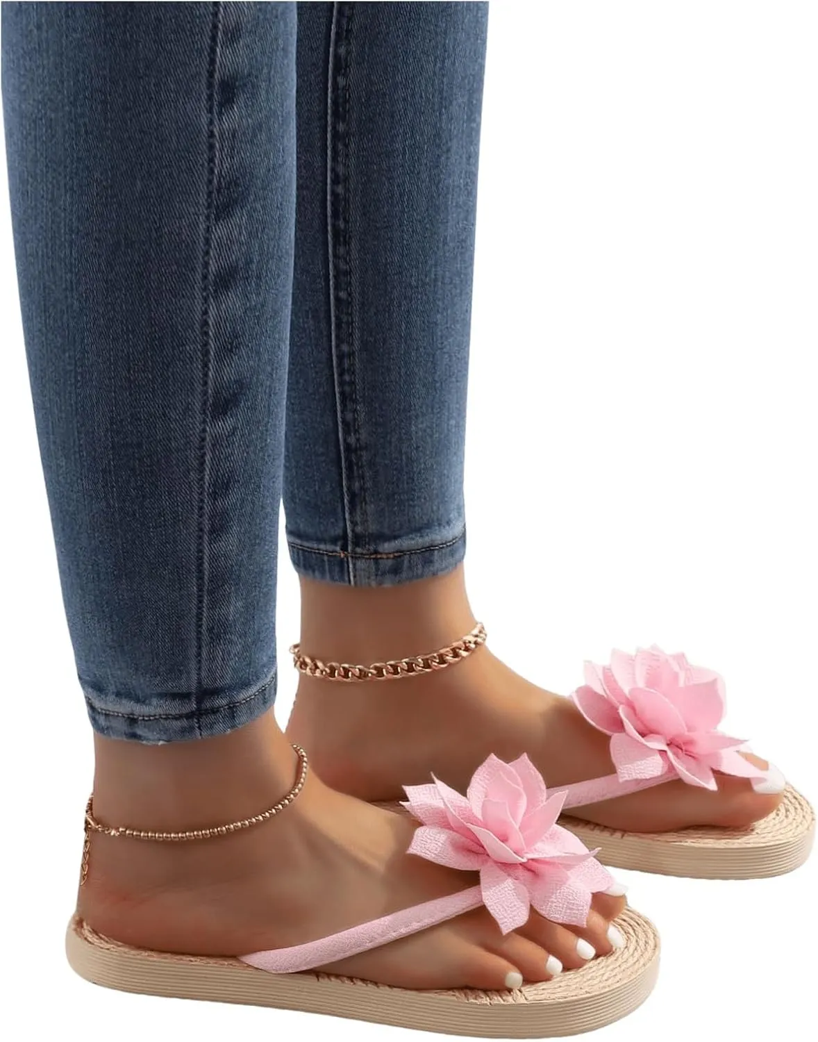 OYOANGLE Women's Applique Decor Open Toe Flip Flop Sandals Casual Outdoor Flat Slippers