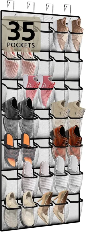 PAULONE 35 Pocket Over the Door Shoe Organizer,Reusable Breathable Large Mesh Bag Men's & Women's Sneaker Organizer,Shoe Organizer for Kids,Hanging Shoe Storage Hanging Bag (White)