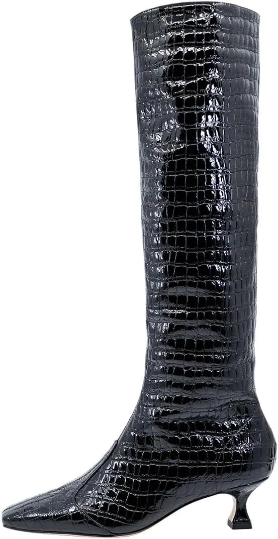 Pazzion Women's Crocodile Print Square Toe Knee High Boots Kitten Low Heel Wide Calf Pull On Tall Booties Chic Outdoor Dress Shoes Size 4-16 US