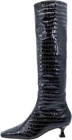 Pazzion Women's Crocodile Print Square Toe Knee High Boots Kitten Low Heel Wide Calf Pull On Tall Booties Chic Outdoor Dress Shoes Size 4-16 US