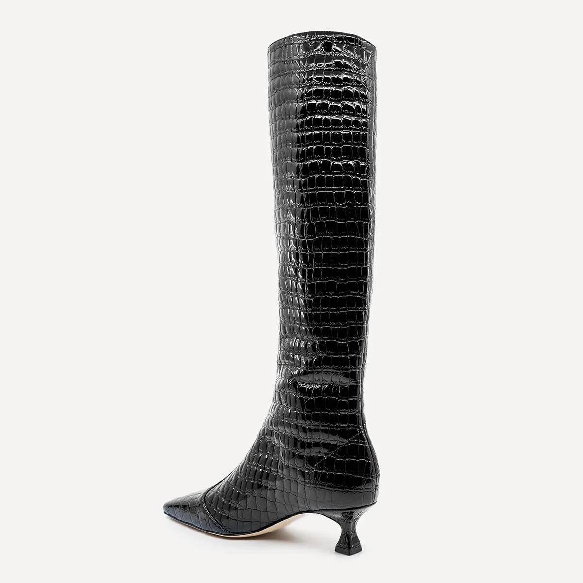 Pazzion Women's Crocodile Print Square Toe Knee High Boots Kitten Low Heel Wide Calf Pull On Tall Booties Chic Outdoor Dress Shoes Size 4-16 US
