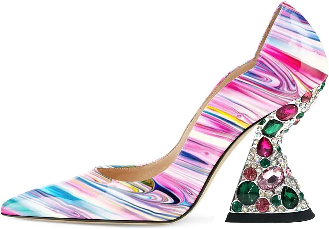 Pazzion Women's Pointed Toe Crystals Heel Pumps Bejeweled Slip On Flare High Heels Chic Banquet Evening Shoes Size 4-16 US