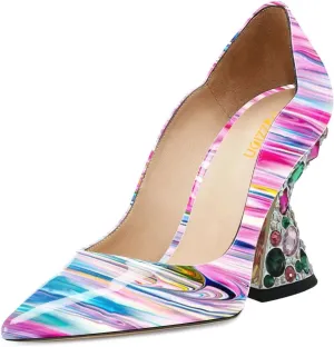 Pazzion Women's Pointed Toe Crystals Heel Pumps Bejeweled Slip On Flare High Heels Chic Banquet Evening Shoes Size 4-16 US