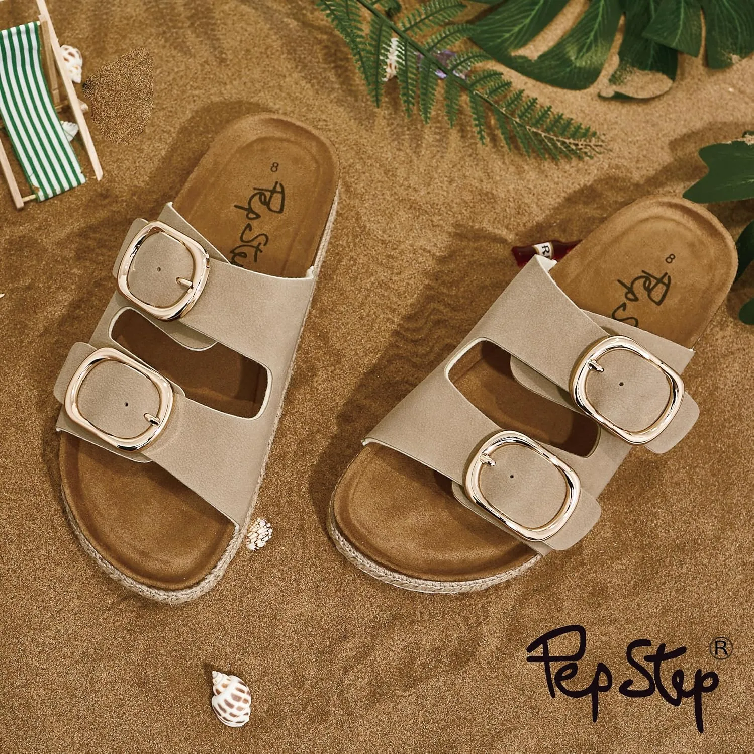 PepStep Slide Sandals for Women with Soft Cork Footbed and Strap, Ladies Fashion Platform Slide Sandals Comfortable Slip On Style
