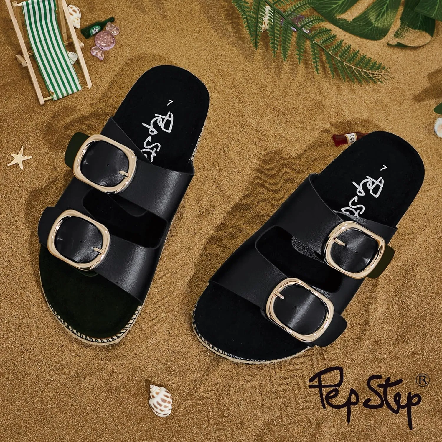 PepStep Slide Sandals for Women with Soft Cork Footbed and Strap, Ladies Fashion Platform Slide Sandals Comfortable Slip On Style