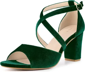 Perphy Cross Strap Velvet Block Heel Sandals for Women