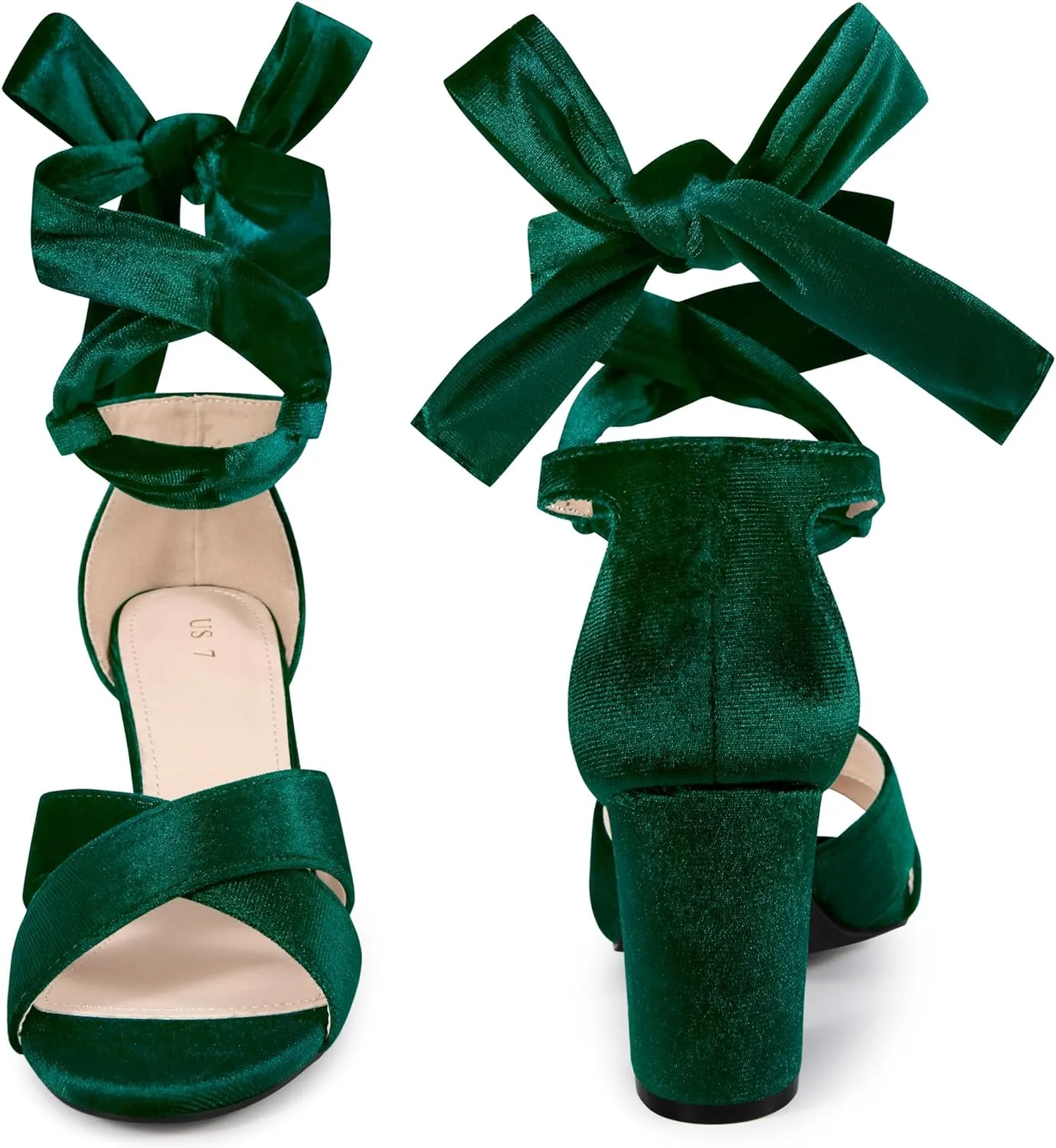Perphy Velvet Chunky Heel Cross Strap Lace Up Sandals for Women