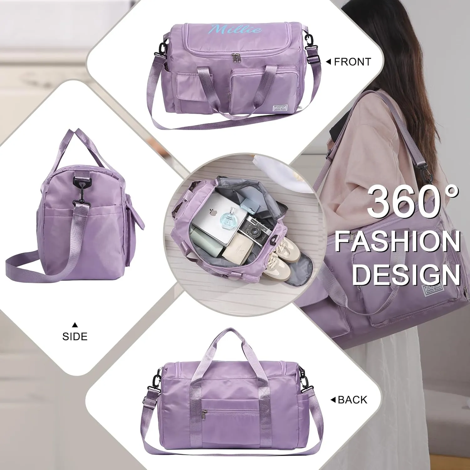 Personalized Duffel Bag Custom Sport Gym Travel Bags Embroidered Name Text Customized Dry Wet Separated Weekend Waterproof Bag for Women Men (B-Purple)