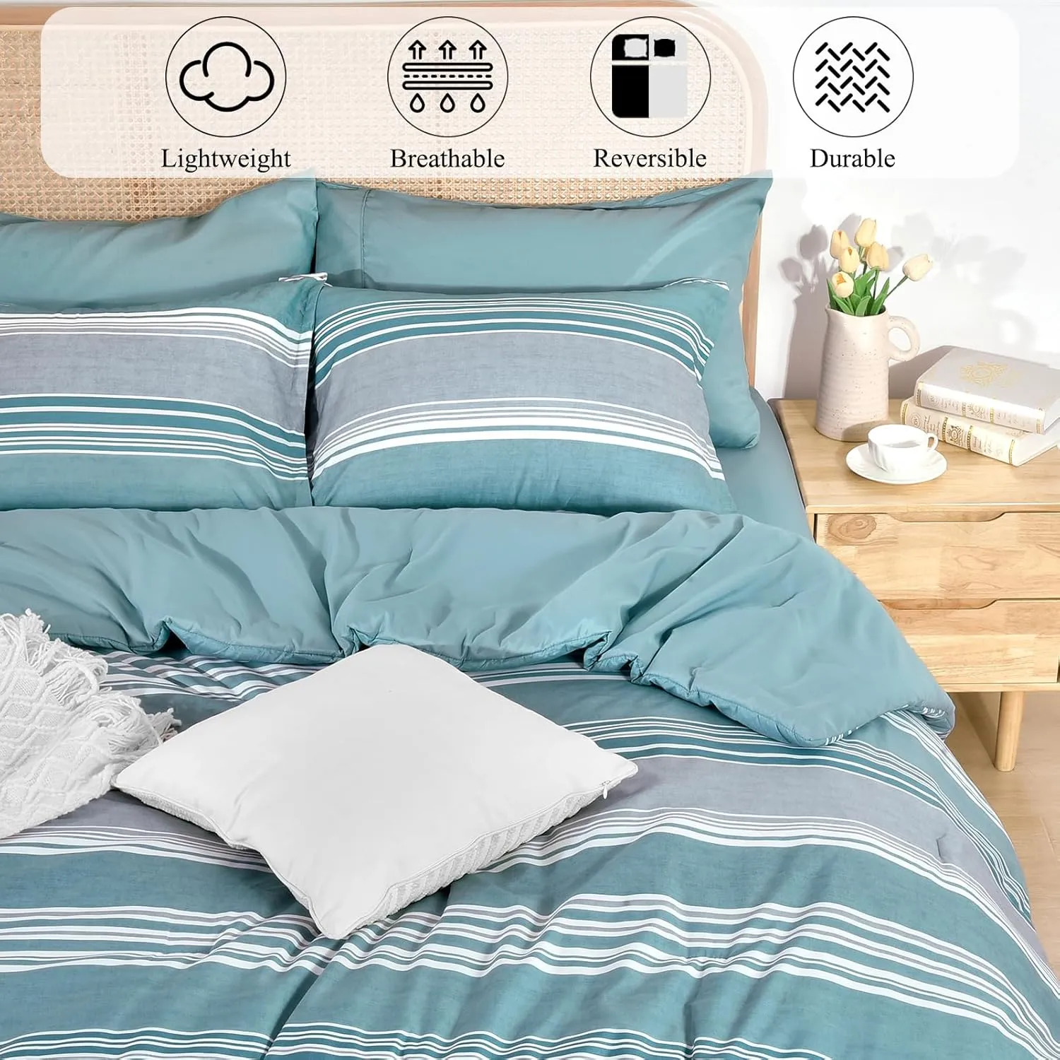 PHF 7 Pieces Queen Comforter Set, Striped Bed in A Bag, Dusty Blue Stripe Bedding & 18" Deep Pocket All Season, Ultra Soft Bedding Sets with Comforter, Sheets, Pillowcases & Shams